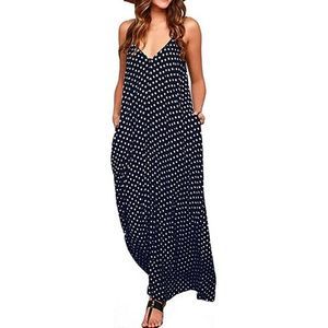 Navy Polka Dot V-Neck Spaghetti Strap Boho Long Maxi Dress
